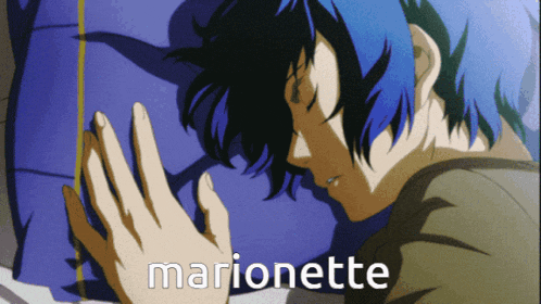 a man with blue hair is sleeping with the word marionette written on the bottom