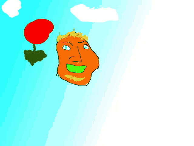 a cartoon drawing of a man with a flower and a cloud in the background