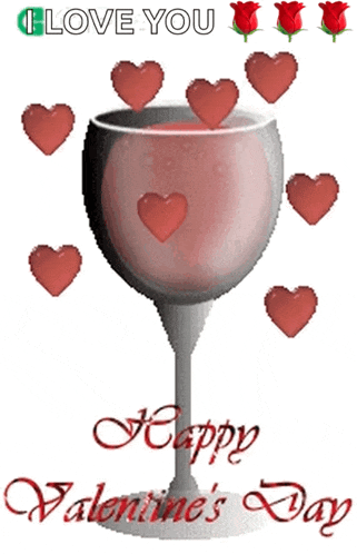 a valentine 's day card with a wine glass surrounded by red hearts