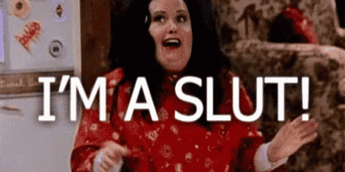 a woman in a red dress is saying i 'm a slut