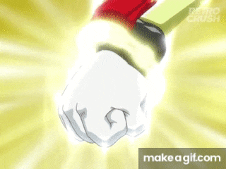 a close up of a cartoon character 's fist against a yellow background .