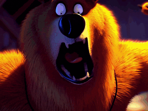 a close up of a cartoon dog with its mouth open