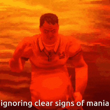 a man in an orange shirt with the words ignoring clear signs of mania