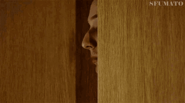 a man peeking out from behind a wooden door .