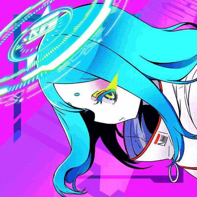 a drawing of a girl with blue hair and the number 21