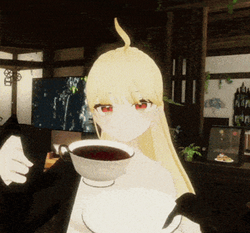 a girl with blonde hair holds a cup of tea
