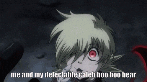 a picture of a girl with red eyes and the words me and my delectable caleb boo boo bear