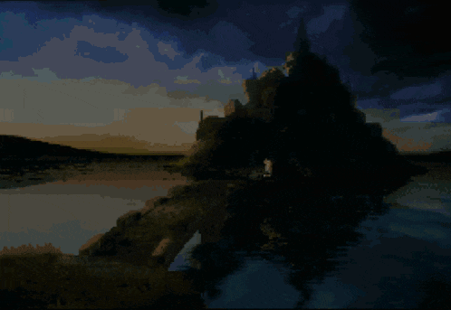 a pixel art of a castle in the middle of a river