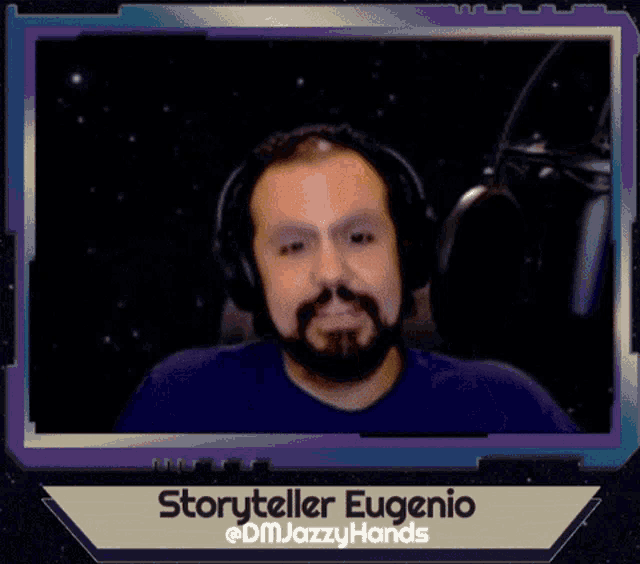 a picture of a man wearing headphones with the name storyteller eugenio on the bottom
