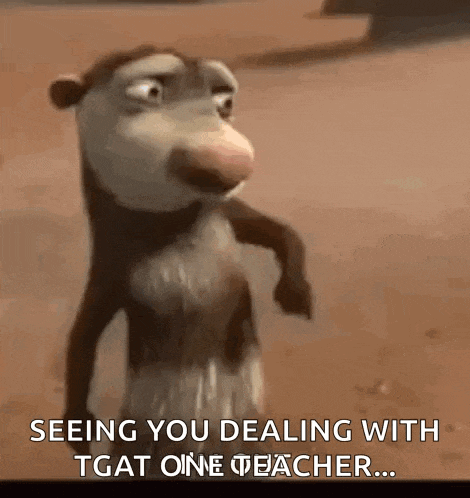 a cartoon opossum is standing on the ground and says `` seeing you dealing with tgat oine teacher '' .