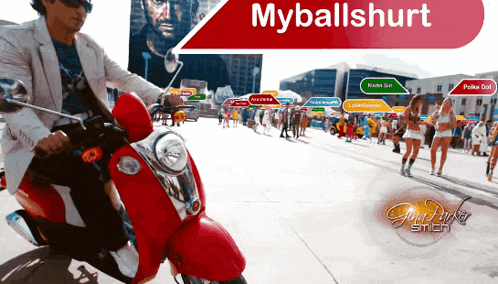 a man is riding a red scooter with the words myballshurt written above him