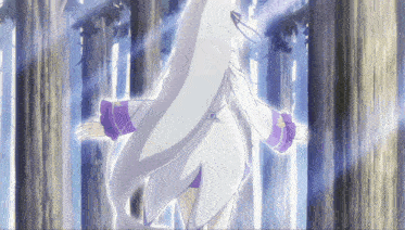 a girl with white hair is standing in a forest