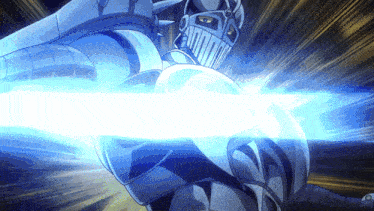 a cartoon character with a blue light coming out of his mouth