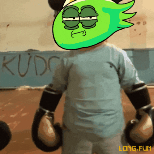 a person wearing boxing gloves and a green head with the word kudo written on the wall behind them