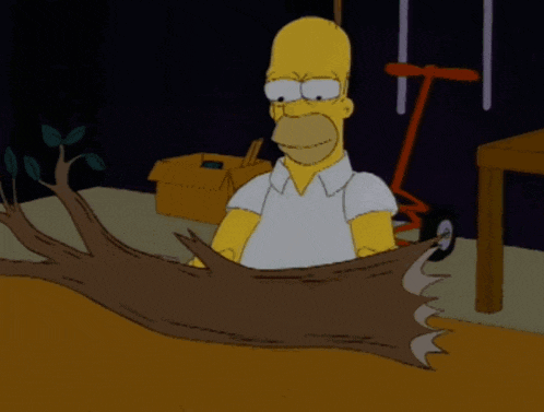 a cartoon of homer simpson is holding a tree branch