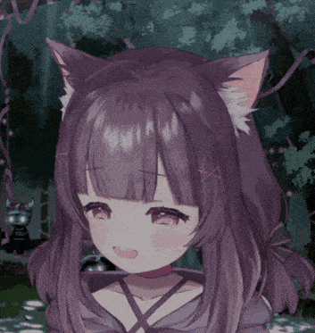 a girl with purple hair and cat ears is smiling in the woods