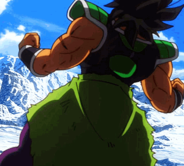 a cartoon of a man in a green outfit standing in front of a snowy mountain