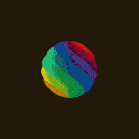 a pixel art of a rainbow colored ball on a dark blue background