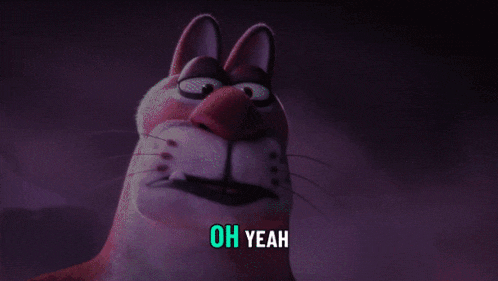 a cartoon cat says oh yeah in a purple background