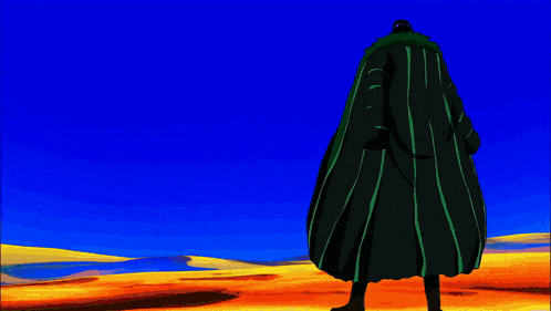 a man in a green and green striped coat stands in front of a large explosion