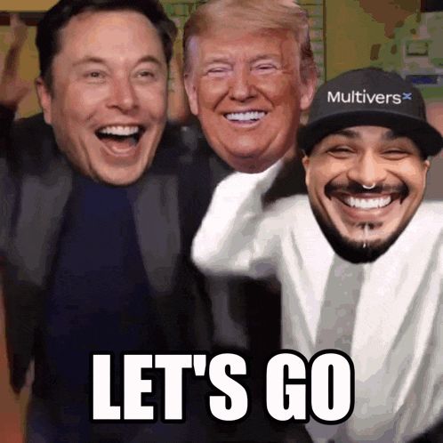 elon musk donald trump and a man wearing a multivers hat