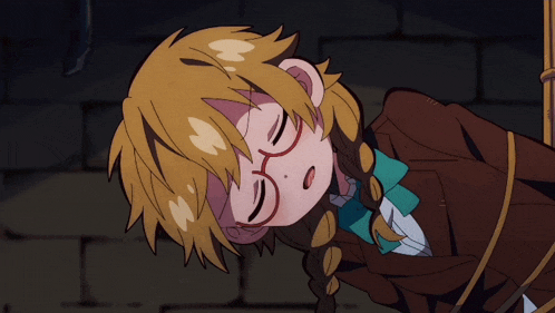 a drawing of a girl with glasses tied up with a rope