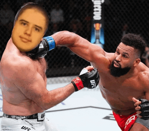 a man wearing a pair of ufc boxing gloves is being punched by another man