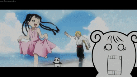 a cartoon drawing of a man holding a little girl with a surprised bear behind them