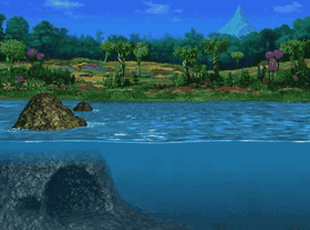 a blue dolphin is swimming in a river with a mountain in the background