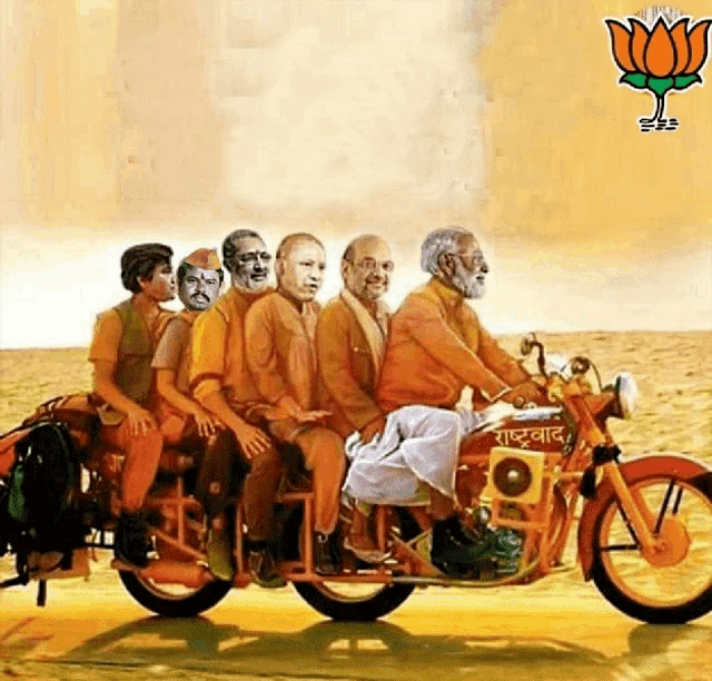 a group of men are riding a motorcycle that says rajiv gandhi on it