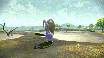 a purple llama is standing in a field next to a body of water .