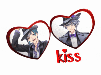 a couple of hearts with the word kiss in the middle