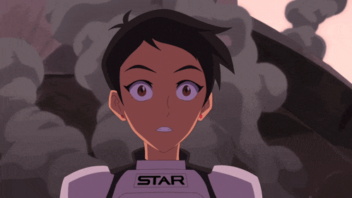a girl in a star uniform stands in front of a cloud of smoke
