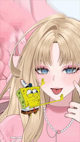 a blonde anime girl with a spongebob sticker on her head