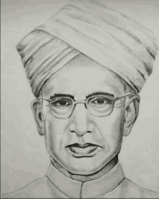 a black and white drawing of a man with glasses and a turban .