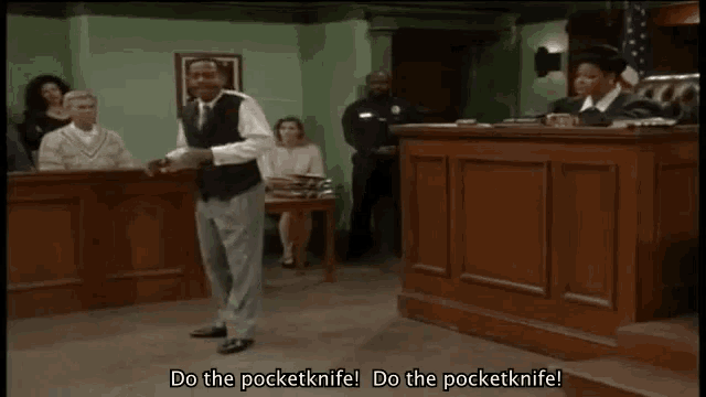 a man in a suit is dancing in a courtroom with the words do the pocketknife below him