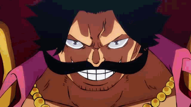 a close up of a cartoon character with a mustache and a pink shirt