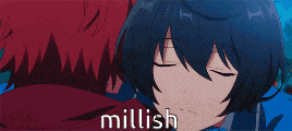 a girl with blue hair is sleeping next to a boy with red hair and the words millish written on the bottom