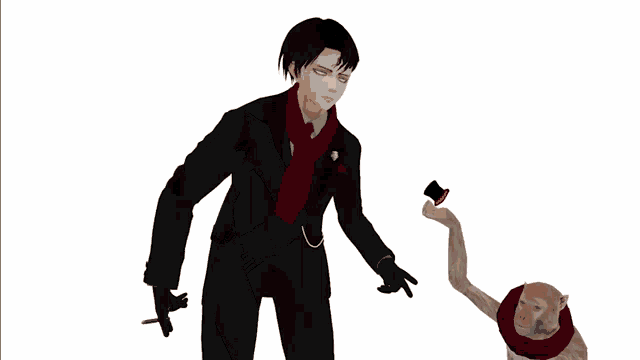 a man in a black suit stands next to a monkey with long arms