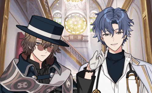 two anime characters are standing next to each other