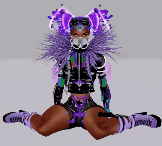 a woman in a purple and black outfit is sitting on the floor with her legs crossed