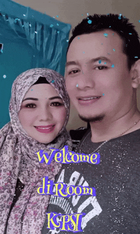 a man and a woman are posing for a picture with the words welcome di room kpst written above them