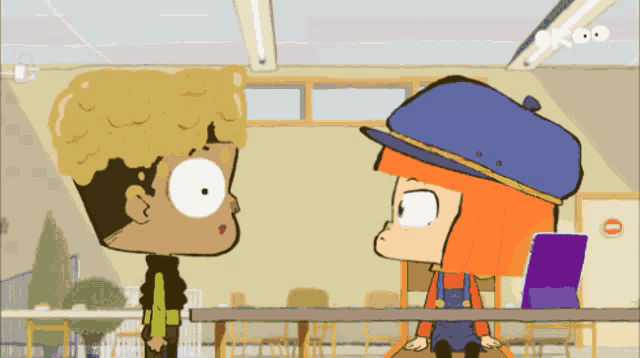 a cartoon of a boy and a girl looking at each other with the word ok on the bottom left