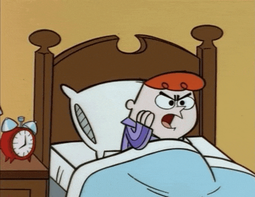 a cartoon character is laying in bed with a red alarm clock on the nightstand
