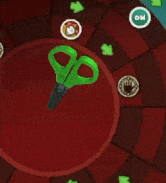 a pair of scissors is sitting in the middle of a red circle surrounded by green arrows and a button that says on