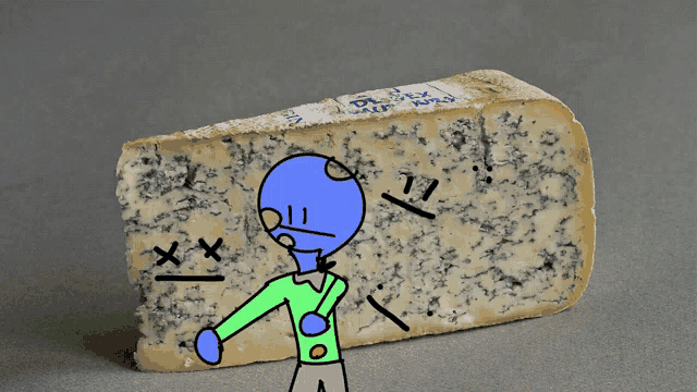 a drawing of a person standing next to a piece of cheese that says " duval " on it