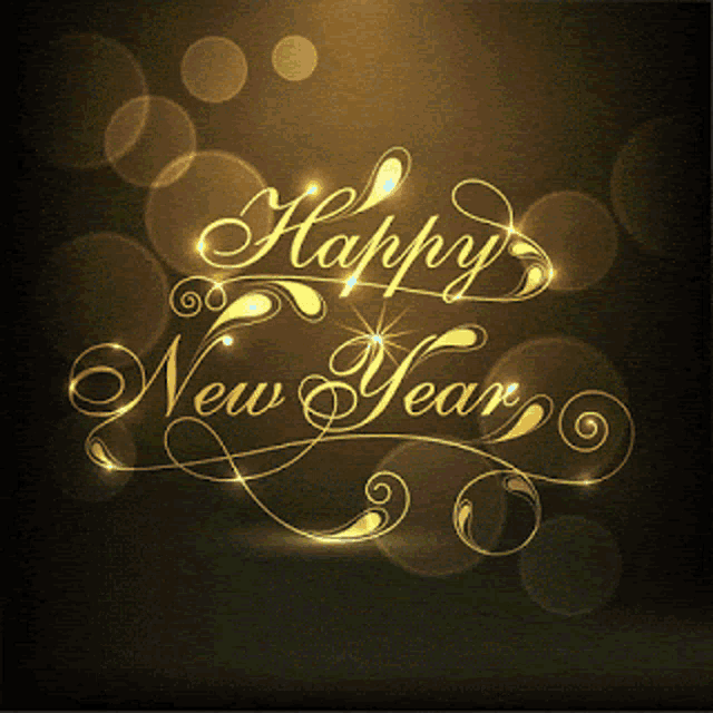 a happy new year greeting card with gold lettering