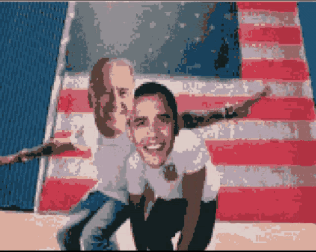 a pixelated image of a man carrying another man on his back