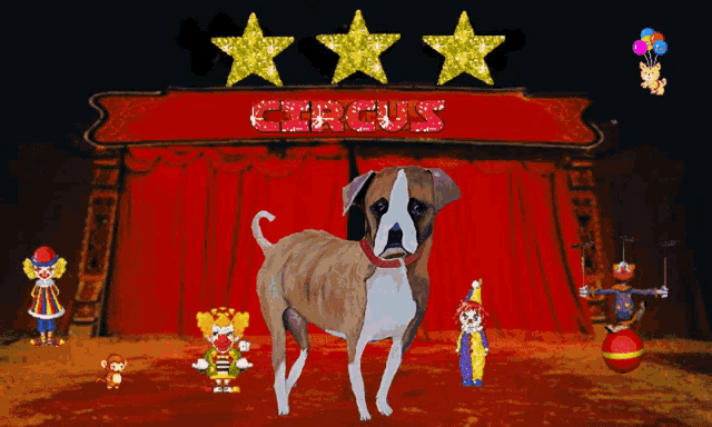 a dog standing in front of a circus sign