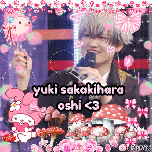 a picture of yuki sakakihara oshi < 3 surrounded by mushrooms and flowers